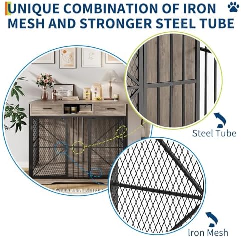 Dog Crate, Heavy-Duty Dog Crate Furniture Storage Table, Double Doors Dog Kennel Indoor Easy Access, Removable Tray Small Dog Crate Dog Kennel Furniture for Home, Vintage Brown/Black 44-Inch