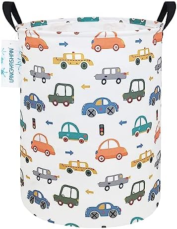 Round Laundry Basket Collapsible Storage Hamper with Car Print | Waterproof Canvas Foldable Baskets with sturdy Handles Multi-scene Organizer for Home Play Bedroom Gift Bin