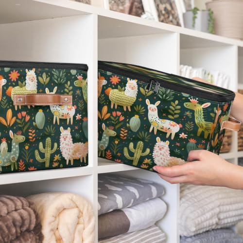 Llama Alpaca Storage Box with Zipper Lid | Collapsible, Fabric, Storage Bin, Handle, Large, Closet Organizer, Containers, Bedroom, Home, Tropical Plant Cactus