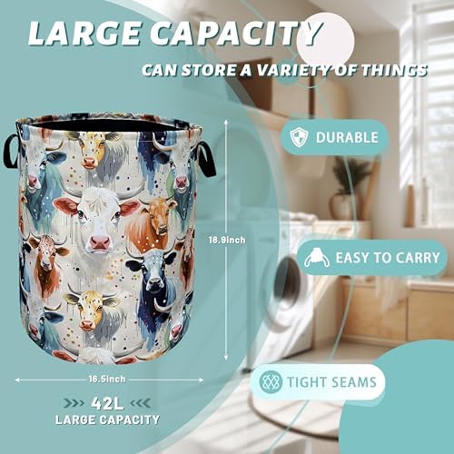 Watercolor Cows Laundry Basket Foldable Oxford Cloth Hamper 18.9"x16.5"