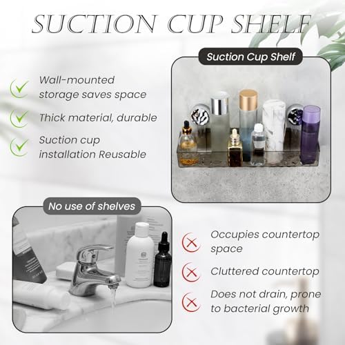 Huakaile 15''/38.2 CM Corrugated Suction Cup Storage Holder Shelf, Wall-Mounted Suction Shower Caddy with Drainage Holes & 4 Hooks No Drill Movable Rack Organizer for Bathroom Kitchen (Gray)