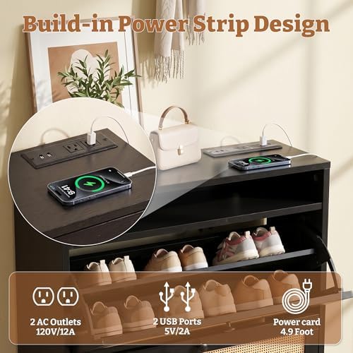 2 Flip Drawers Shoe Cabinet Storage for Kid’s/Women, Narrow Shoes Organizer Cabinetfor Front Door Entrance, Free Standing Hidden Wooden Shoe Rack (Black)