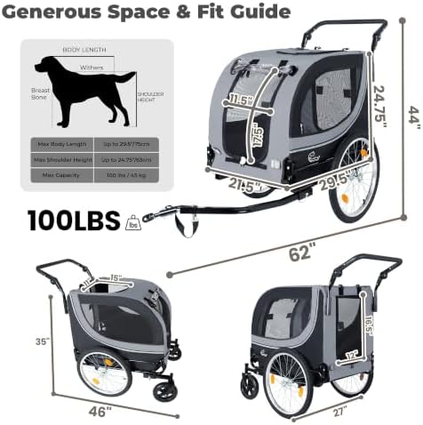2-in-1 Pet Bike Trailer & Dog Stroller for Ebikes, Heavy-Duty Foldable | Heavy-duty powder-coated steel frame supports up to 100 lbs. 600D Oxford fabric is tear-resistant and sun-protective. Co
