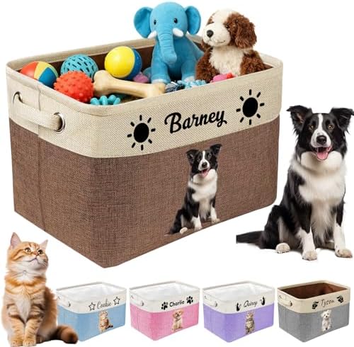 Personalized Dog Toy Basket with Name Photo Custom Cat Storage Organizer Box Collapsible Pet Chest Bins Customized for Toys Clothing-Blue