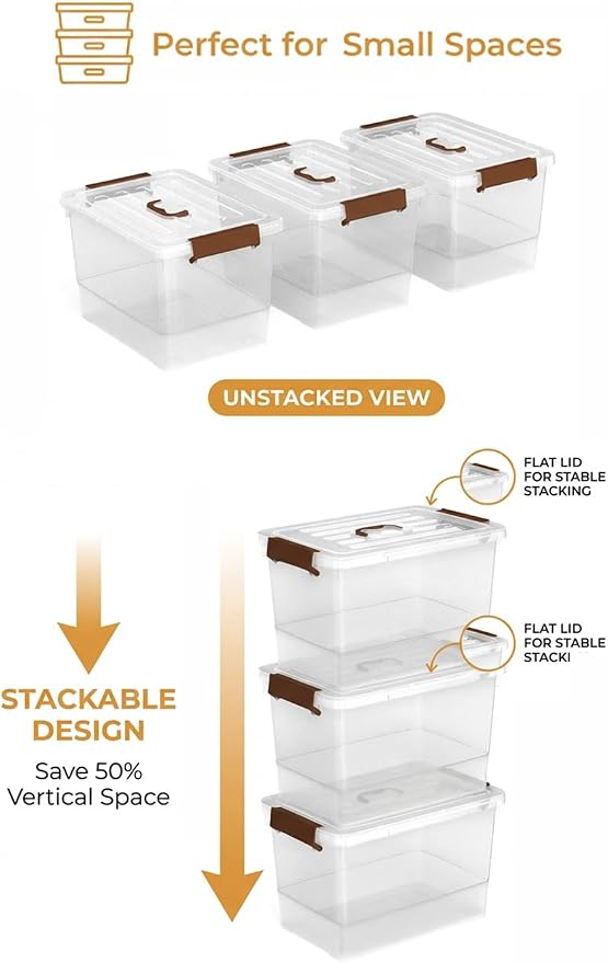 17 Quart Clear Storage Bins with Lids, 6-Pack Stackable Plastic Organizer Box with Secure Latches & Handles