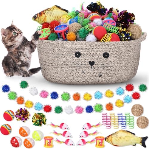 Zopeal 58 Pcs Summer Cat Storage Basket Gift Toys Set, Colorful Flashing Balls Pet Bell Crinkle Balls Spring Toys Attract Cat to Swat, Hunt, Interactive for Pet(Dark Brown,12 Inch)