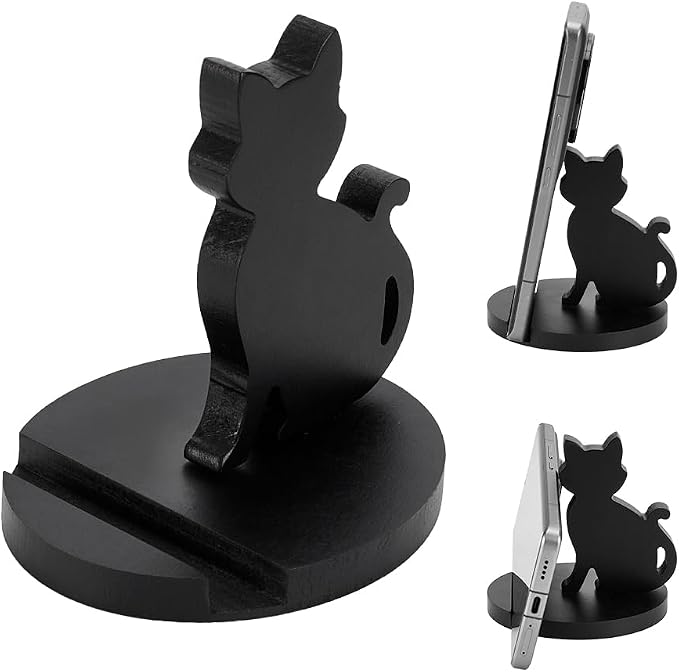 NBEADS Cell Phone Tablet Wooden Stand, Animal Phone Holder Cat Decorative Smartphone Desk Holder with Non-Slip for Various Models of Mobile Phones and Tablets, Black