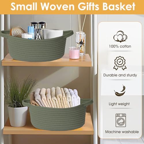 Small Woven Basket with Gift Bags and Ribbons Durable Cotton Rope Basket for Halloween Gifts Empty Storage Basket 12"X 8" X 5" Baby Toy Basket with Handles, Green