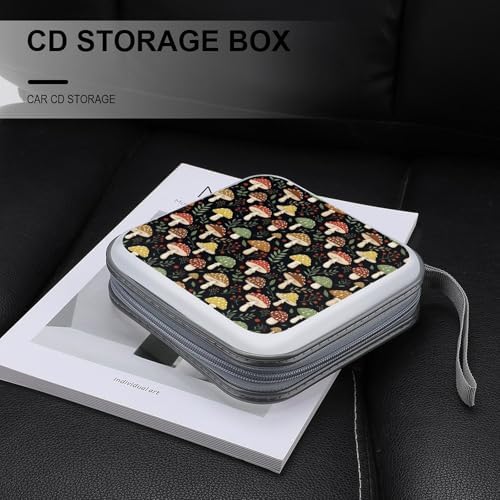 Portable CD Holder Case with Strap Dark Wild Mushrooms, 40-Capacity Hard Plastic Storage Binder, Protective Wallet for Car Office Travel