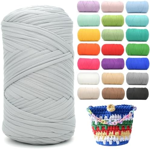 400g Tshirt Yarn for Crochet,Light Grey T Shirt Soft Elastic Fabric Chunky Thick T-Shirt Crochet Yarn for Crocheting Knitting Beginner Hand Knitting for Bag/DIY Craft/Home Decor-Light Grey