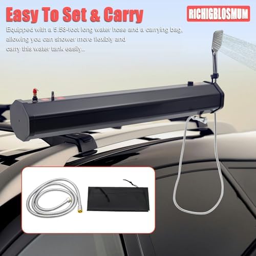 Sun-Powered Portable Roof Rack Water Tank – Pressurized Shower for Overlanding, Pet Washing, Gear Cleaning & Vehicle Storage – Includes 5.58ft Hose & Carry Bag (7.9Gal/30L)