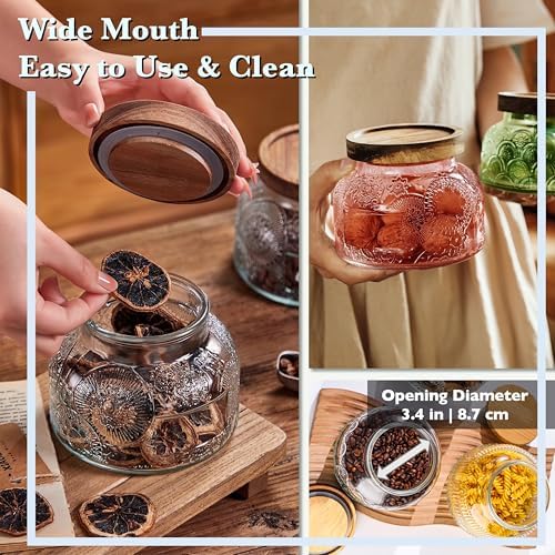 Decorative Ribbed Glass Jar with Airtight Wooden Lid, 40 fl. oz | Wide mouth vintage storage canister, kitchen pantry bathroom organization, coffee sugar tea cookie candy candle vase gift