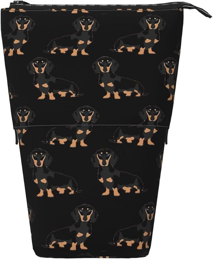 Dachshund Weiner Pet Dogs Print Pencil Case Bag, Telescopic Pen Holder, Standing Stationery Pouch, Cute Organizer for Office, Makeup, Cosmetics