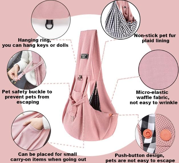 Dog Sling Carrier Soft Breathable for Small Dogs Cats 3-12 lbs,Pink | Cat sling & dog carrier sling with safety tether, organizer pocket, soft fabric. Perfect for travel, hiking,outdoor