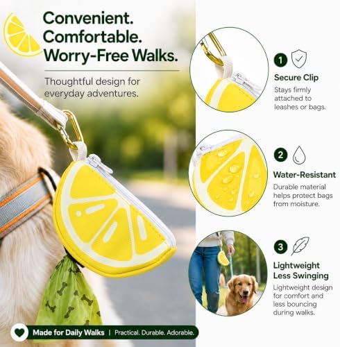 Lemon Dog Poop Bag Holder - Cute Leash Dispenser for Dog Walking | Dog Poop Bag Holder & Trash Carrier, Leash Attachable Dispenser for Poop Bags, Cute Durable Walking Accessory