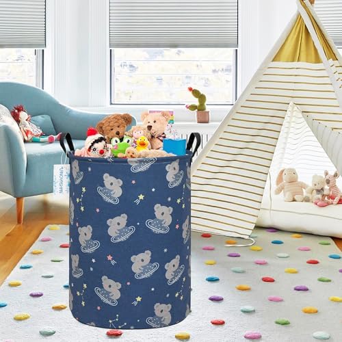 Round Laundry Basket Collapsible Storage Hamper Organizer Space Koala | Waterproof Canvas Foldable Baskets with sturdy Handles Multi-scene Organizer for Home Play Bedroom Gift Bin