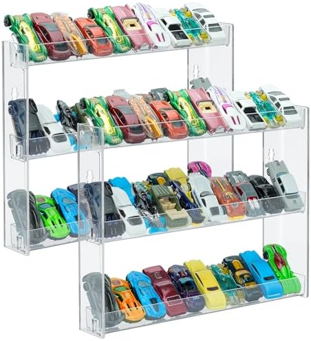3-Tier Toy Car Display Case, Wall Mount Storage Holds 30 (2 Pack) | Wall mount tiered shelf fits 1:64 scale cars. Cars not included. Assembly required. Holds 30.