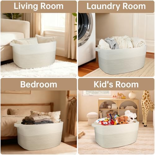 75L Large Basket 22" x 17" x 12",Large Blanket Basket with Handle,woven Cotton Rope baskets for storage,Storage Basket for Organizing,Blanket Basket living Room