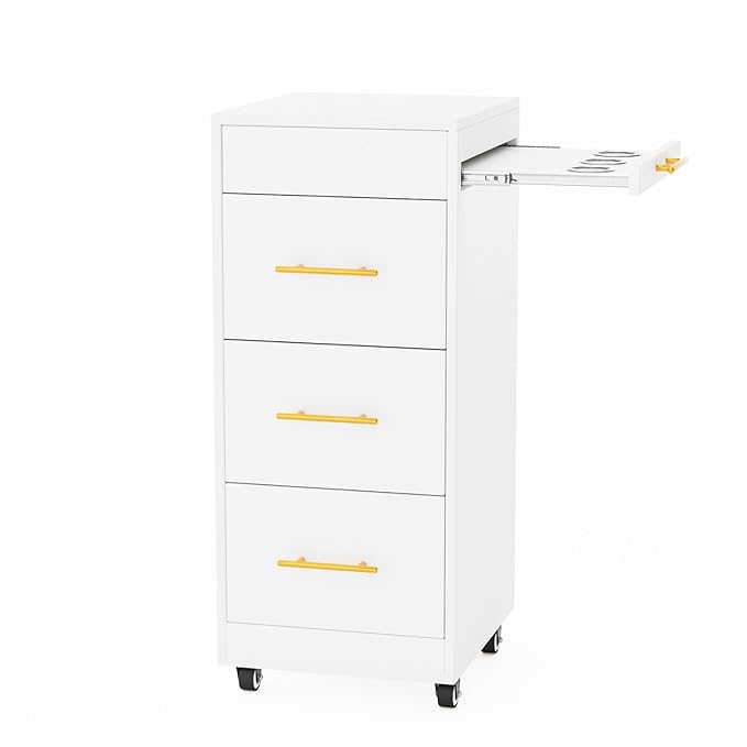 OmySalon Salon Trolley Cart with Wheels, Wooden Hair Storage Cabinet, Stylist Cart Mobile Hairdressing Barber Station for Beauty Spa Barbershop, 3 Large Drawers, 3 Hot Tool Holders, White
