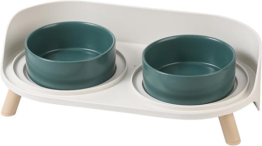 Raised Cat Food and Water Bowl Set - Elevated Ceramic Dishes with Non-Slip Stand and Splash Guard for Small Dogs - 2 x 320 ML (4.9 OZ) - Green