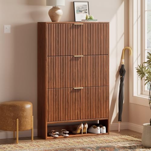 Evermagin 31.5''W Walnut Shoe Cabinet Storage for Entryway, Fluted Slim Shoe Dresser with 3 Flip Drawers, Narrow Shoe Rack Cabinet, Hidden Shoe Organizer Cabinet for Entrance, Hallway