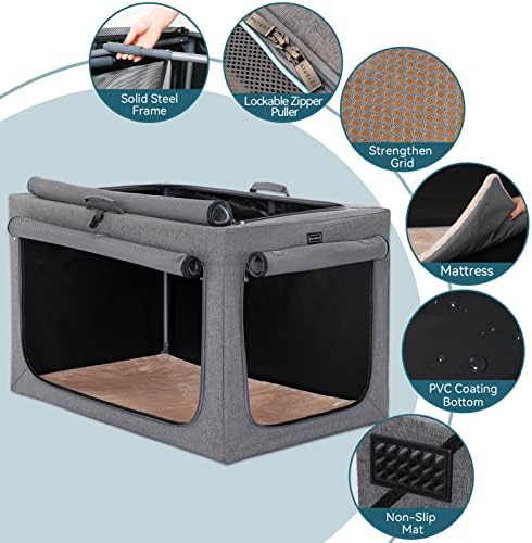 PETSFIT Portable Dog Crate for Small Dogs, – 24" Soft Dog Travel Crates with Lockable Zippers & Thicken Mat, Adjustable Patented Spiral Steel Frame, Collapsible Kennel for Indoor & Outdoor