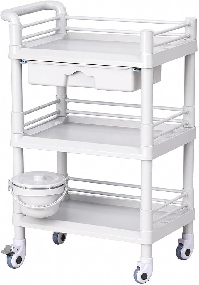 Rolling Utility Cart,Qiwey Utility Cart with Big Drawer,3-Tier Esthetician Cart with Wheels for Beauty Salon SPA Commercial Hospital Office Lab Cart White
