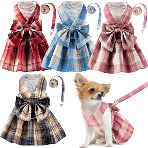 Potchen 4 Pcs Plaid Dog Dresses, S, Chest 13 in, Dark Color