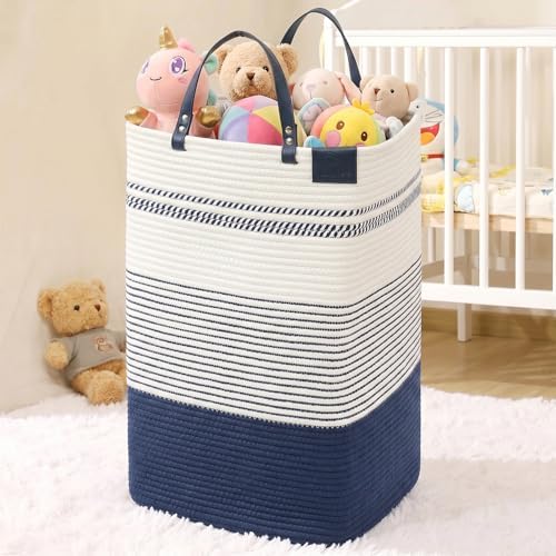 danpinera 100L Nursery Hamper, Tall Woven Laundry Basket with Long Leather Handles, Boho Laundry Hamper for Living Room, Eco-friendly & Convenient Decorative Storage Basket, White & Navy Blue