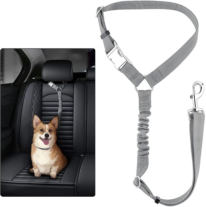 Plutus Pet Dog Seat Belt for Car Headrest, Reflective with Elastic Bungee | Adjustable Restraint for Safety, Vehicle Seatbelt Harness for Small Medium Large Dogs and Cats, Gray