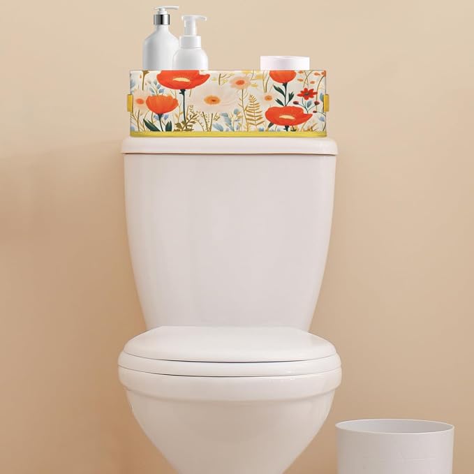 Spring Flowering Plants Bathroom Storage Basket, Foldable with Handle Open Countertop Paper Towel Decorative Box, Toilet Tank Top Shelf Baskets for Home Closet Bedroom Living Room Office