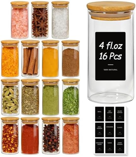 ComSaf Glass Spice Jars 4oz 16 Pack, Small Seasoning Containers with labels | Round Spice Jars with 54 Labels, Kitchen, Spice Rack Organization, Loose Tea, Herbs, Powders, Salt,Chili, Dry Goods, BPA Free