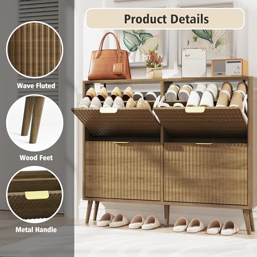 KIGOTY Narrow Shoe Storage Cabinet, Shoe Cabinet with 4 Flip Drawers, Freestanding Shoe Organizer with Legs for Entryway, Slim Shoe Rack Cabinet for Enterway (Light Brown, 4 Flip Drawer)