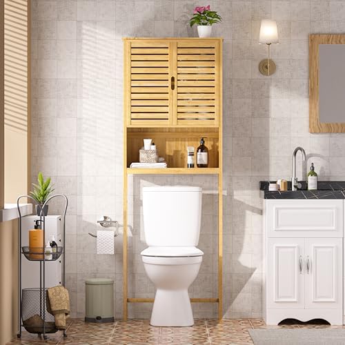 Yardenaler Over-The-Toilet Storage Shelf with Doors, Bathroom Freestanding Bamboo Organizer Space Saver with Adjustable Shelf, Natural