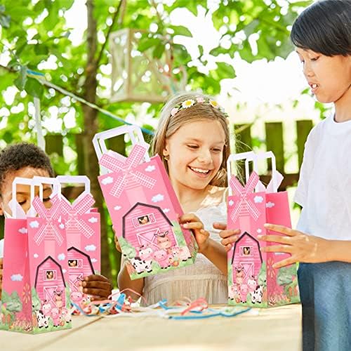 16 Pcs Pink Farm Animal Party Favor Bags Kraft Paper Goodie Bags with Handle 3D Pinwheel Double-sided Printing Treat Bag for Birthday Gender Reveal Barnyard Farm Themed Party Supplies
