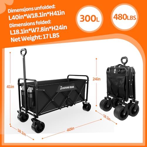 300L Wagons Carts Foldable Collapsible with Big All-Terrain Beach Wheels | 480lbs Large Heavy Duty Utility Wagon Cart and Folding Frame. Perfect for Groceries, Garden, Shopping & Sports. Black color.