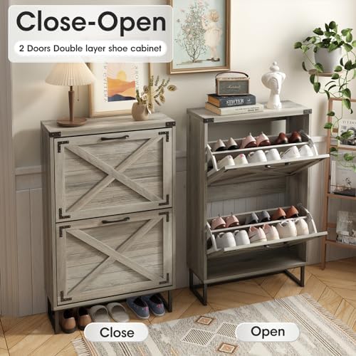 Maupvit 24" W Farmhouse Shoe Cabinet Storage for Entryway, Freestanding Organizer with 2 Flip Drawers, Narrow Shoe Rack Cabinet with Metal Corner Decoration, Washed Gray