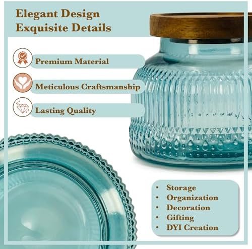 Decorative Blue Ribbed Glass Jar with Airtight Wooden Lid, 25.4 fl. oz | Wide mouth vintage storage canister, kitchen pantry bathroom organization, coffee sugar tea cookie candy candle vase gift