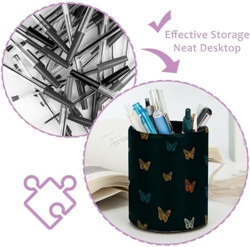 Faux Leather Pen Holder for Desk, Pencil Organizer Butterfly Pen Cup Desk Decor Makeup Brush Holder Storage for Office Home