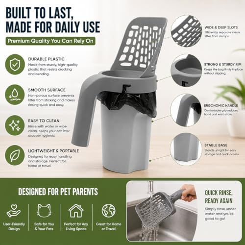 3 in 1 Litter Box Shovel with Hidden Bag Compartment & Clump Separator with 150 Garbage Bags, Cat Litter Scoop with Holder for Quick Cleaning, Litter Scooper for Cat Households (with 45 Bags)