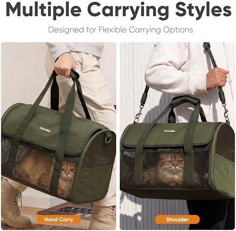 FUKUMARU Cat Carrier Soft, Ultra Lightweight Airline Approved Dog Carrier | Kitten Carrier with Anti-Scratch Mesh, Breathable Small Dog Carrier Bag, Collapsible Pet Carrier for Cats Under 15 lb, Green