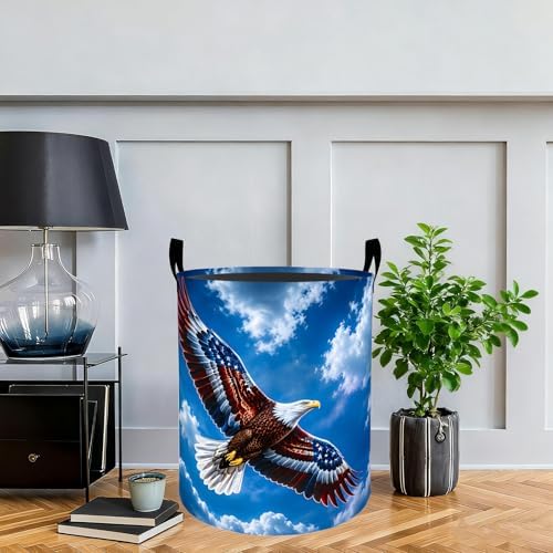 Eagle Laundry Basket Hamper, Organizer Bins Gifts for Women Kids, American Flag Bald Eagle Foldable Waterproof Clothes Hamper Handles Storage Bucket for Bedroom Bathroom Room Decor 19.7"x15.7"