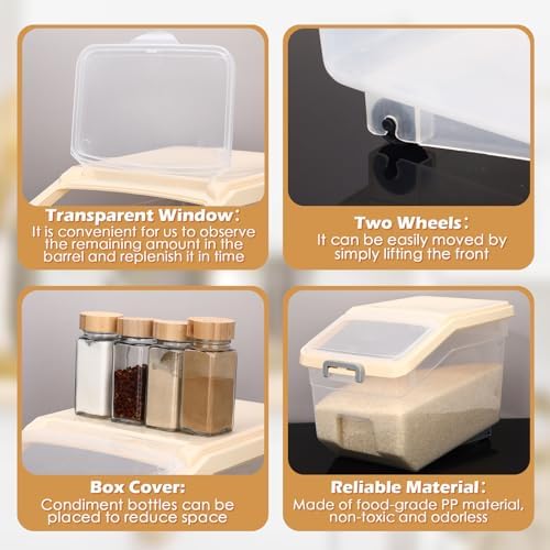 Sunnyray 4 Pcs Rice Storage Containers Bulk Flour Sugar Container Wheels Measuring Cups Set Airtight Pet Dog Cat Birds Food Bin Grain Cereal Organizer Box for Dry Baking(Beige,28 lb)