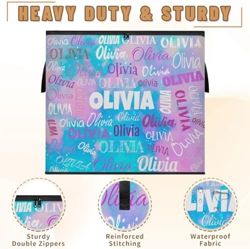 Custom Name Large Storage Bin with Lid, Personalized Storage Basket with Zippers for Organizing Comforters, Blankets, Bedding Closet Shelf Baskets, Watercolor Blue and Pink Galaxy Background