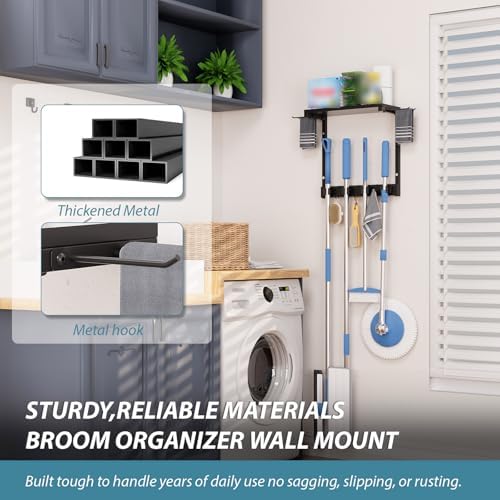 Wall Mount Broom Mop Holder | Cleaning Organizer, Storage Shelf