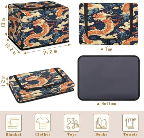 Japanese Dragon Animal Storage Bins with Zipper Lid Foldable Fabric Organizer Box with Handles Rectangular Closet Clothes Organizer Containers