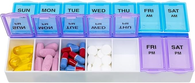 EZY DOSE Weekly (7-Day) AM/PM Daily Pill Case, Medicine Planner, Vitamim, Fish Oil, Supplements Organizer Container, Large Compartments, 2 Times a Day, Blue and Purple Lids, BPA Free