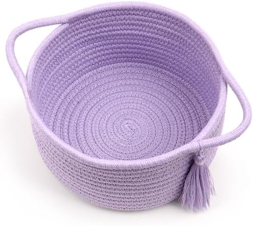 Small Gift Basket Empty to Fill with Gifts Bag & Ribbon, Purple | Cute Decorative Mini Woven Rope Basket with Handles for Gifting; Reusable for Bathroom Counter or Desk Catchall, 8 x 4.7 in