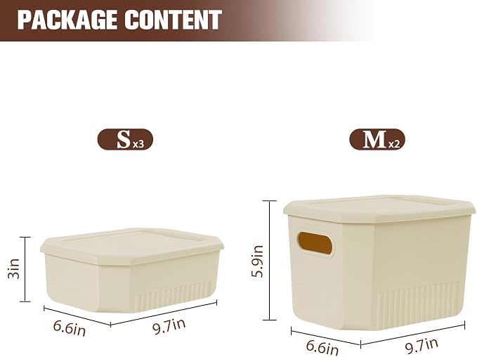 ANMINY Plastic Storage Bins Baskets with Lids, 5-Pack, 2M+3S | Large Plastic Bins, Sturdy PET, with Handles, Stackable, Opaque Storage Boxes, for Closet Shelves Desk, Ivory Lids