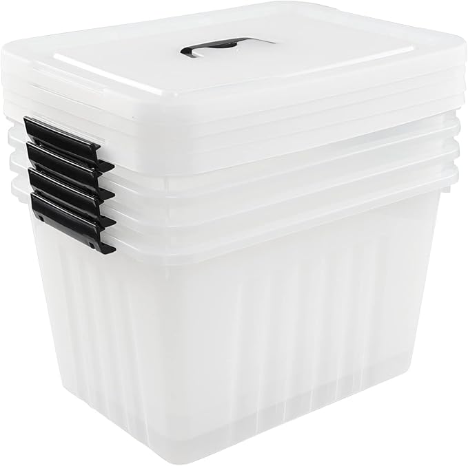 4-Pack 25 Quart Storage Boxes, Plastic Storage Latch Bin | Clear Tote Organizer Containers with Handle, Stackable Organization Bins with Secure Latching Lids